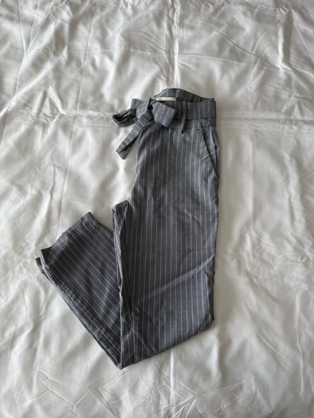 Grey Pinstripe Waist-Tie Pants